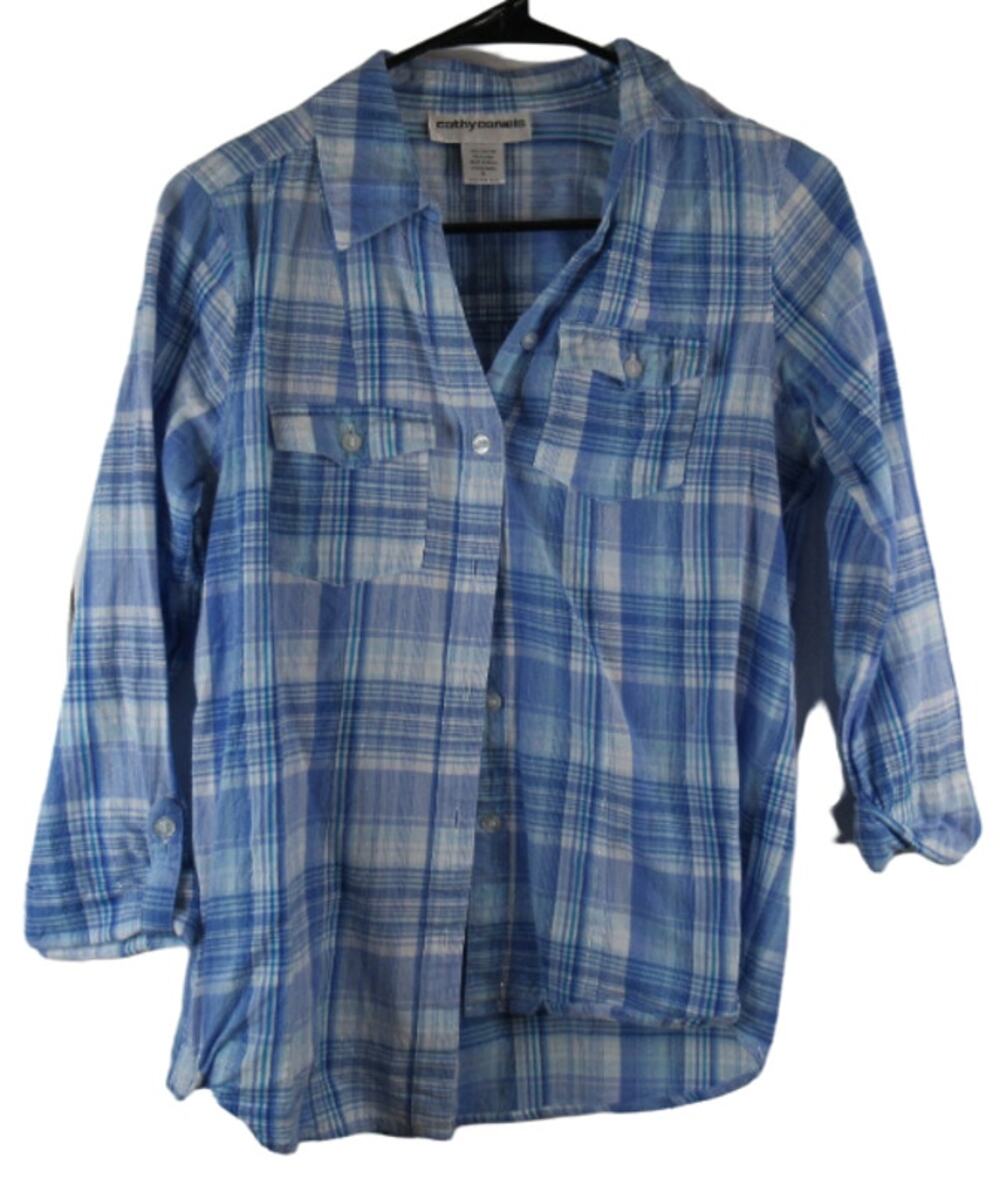 Cathy Daniels blue and white plaid button down long sleeve shirt